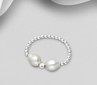 925 Sterling Silver Adjustable Ball Ring, Beaded with Freshwater Pearls
