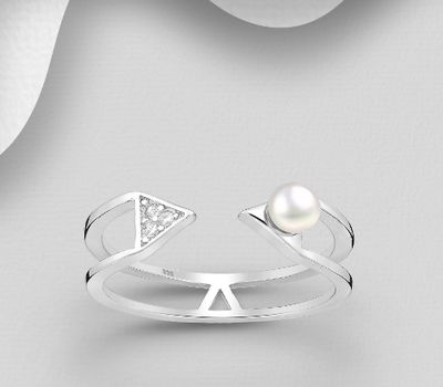 925 Sterling Silver Adjustable Ring, Decorated with CZ Simulated Diamonds and Freshwater Pearl