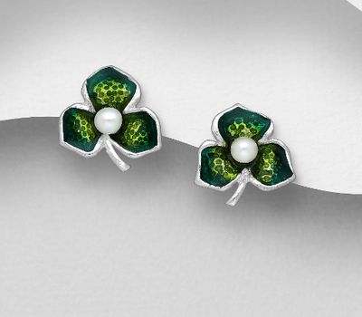 925 Sterling Silver Flower Push-Back Earrings, Decorated with Colored Enamel and Freshwater Pearls