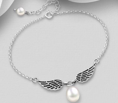 925 Sterling Silver Oxidized Wing Bracelet, Decorated with FreshWater Pearl