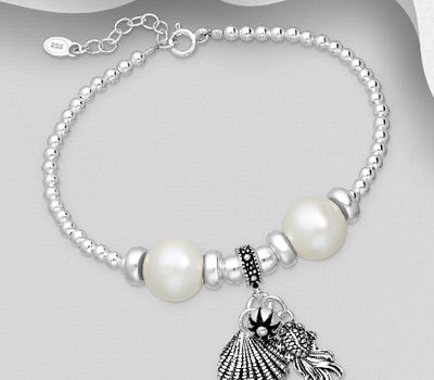 925 Sterling Silver Oxidized Bracelet Featuring Ball, Fish and Shell, Beaded with Freshwater Pearls