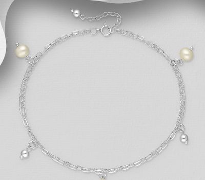 925 Sterling Silver Anklet, Beaded with Freshwater Pearls