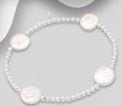 925 Sterling Silver Elastic Bracelet, Beaded with Baroque Pearl