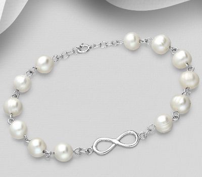 925 Sterling Silver Infinity Bracelet, Beaded with Freshwater Pearls