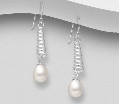 Şəkli böyütmək üçün tiklayın 925 Sterling Silver Spiral Hook Earrings, Decorated with Freshwater Pearls