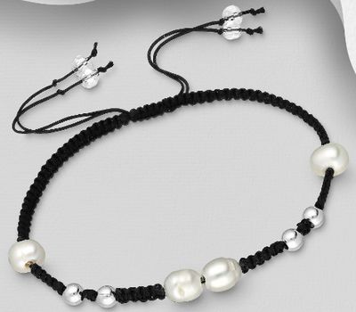 925 Sterling Silver with Adjustable Thread Bracelet, Beaded with Freshwater Pearls and Crystal Glass