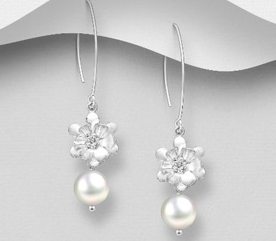 925 Sterling Silver Flower Hook Earrings, Beaded with Freshwater Pearls