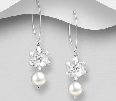 Şəkli böyütmək üçün tiklayın 925 Sterling Silver Flower Hook Earrings, Beaded with Freshwater Pearls