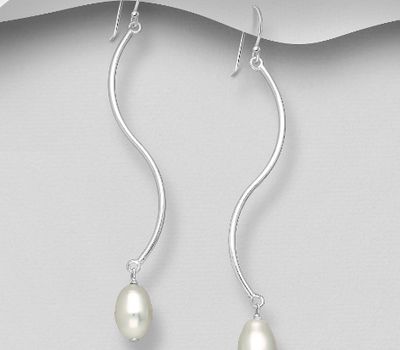 Şəkli böyütmək üçün tiklayın 925 Sterling Silver Wavy Hook Earrings, Beaded with Freshwater Pearls