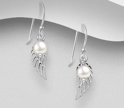 925 Sterling Silver Wings Hook Earrings, Beaded with Freshwater Pearls