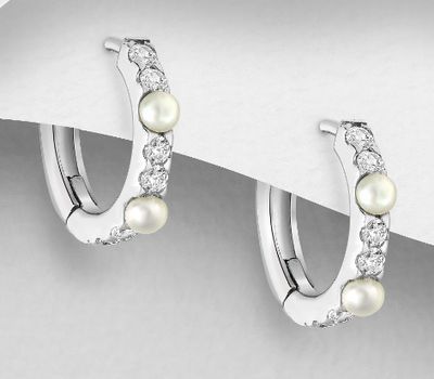 925 Sterling Silver Hoop Earrings Decorated with Freshwater Pearls and CZ Simulated Diamonds