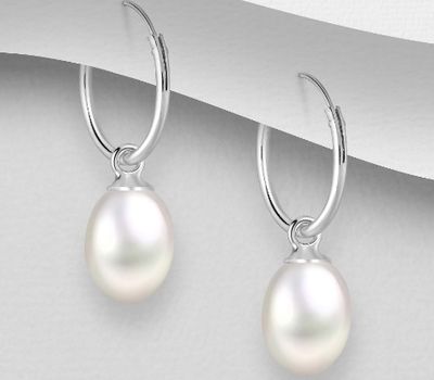 Şəkli böyütmək üçün tiklayın 925 Sterling Silver Hoop Earrings, Decorated with Freshwater Pearl