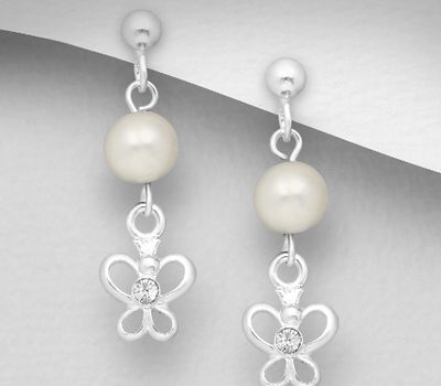 925 Sterling Silver Butterfly Push-Back Earrings, Decorated with Freshwater Pearl and Crystal Glass