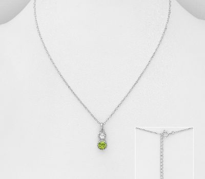 925 Sterling Silver Necklace, Decorated with Peridot and White Topaz