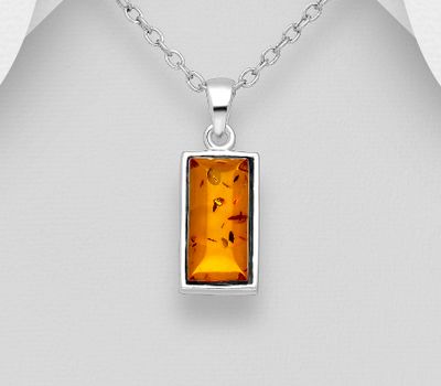 925 Sterling Silver Rectangle Pendant, Decorated with Baltic Amber