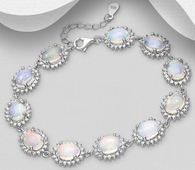 925 Sterling Silver Oval Halo Bracelet, Decorated with Ethiopian Opal and CZ Simulated Diamonds