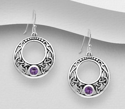 925 Sterling Silver Oxidized Celtic Hook Earrings, Decorated with Amethyst