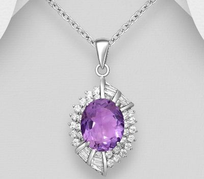 925 Sterling Silver Pendant, Decorated with Amethyst and CZ Simulated Diamonds