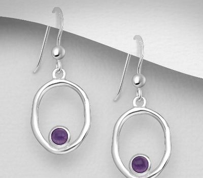 925 Sterling Silver Oval Hook Earrings, Decorated with Amethysts or Sky-Blue Topaz
