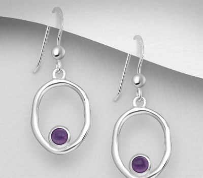 Şəkli böyütmək üçün tiklayın 925 Sterling Silver Oval Hook Earrings, Decorated with Amethysts or Sky-Blue Topaz