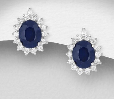 Şəkli böyütmək üçün tiklayın 925 Sterling Silver Omega Lock Earrings, Decorated with Blue Sapphire and CZ Simulated Diamonds