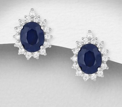 925 Sterling Silver Omega Lock Earrings, Decorated with Blue Sapphire and CZ Simulated Diamonds