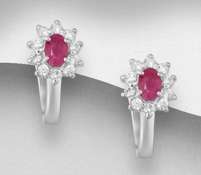 Şəkli böyütmək üçün tiklayın 925 Sterling Silver Omega Lock Earrings, Decorated with CZ Simulated Diamonds and Various Gemstones