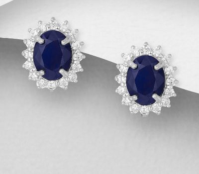 925 Sterling Silver Halo Omega Lock Earrings, Decorated with CZ Simulated Diamonds and Blue Sapphire