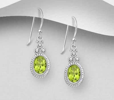 925 Sterling Silver Oxidized Oval Hook Earrings, Decorated with Gemstones