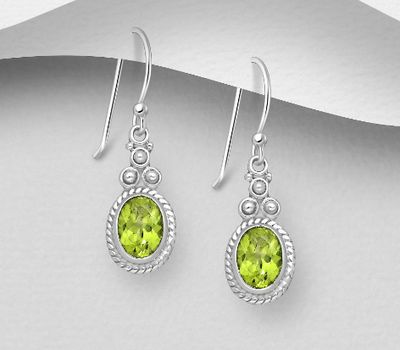Şəkli böyütmək üçün tiklayın 925 Sterling Silver Oxidized Oval Hook Earrings, Decorated with Gemstones