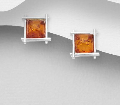 925 Sterling Silver Square Push-Back Earrings, Decorated with Baltic Amber