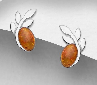 925 Sterling Silver Leaf Push-Back Earrings, Decorated with Baltic Amber