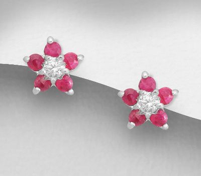 925 Sterling Silver Flower Push-Back Earrings, Decorated with CZ Simulated Diamonds and Various Gemstones