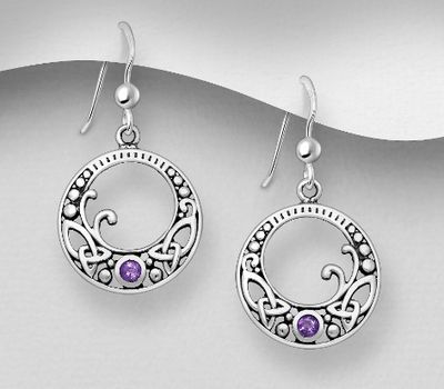 925 Sterling Silver Oxidized Celtic Hook Earrings,  Decorated with Amethyst