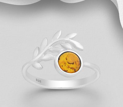 925 Sterling Silver Adjustable Leaf Ring, Decorated with Baltic Amber