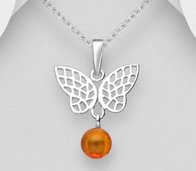 925 Sterling Silver Butterfly Pendant, Decorated with Baltic Amber
