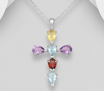 La Preciada - 925 Sterling Silver Cross Pendant, Decorated with Various Gemstones. Gemstone Colors may Vary.