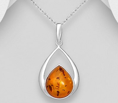 925 Sterling Silver Droplet Pendant, Decorated with Baltic Amber