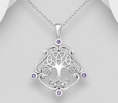 925 Sterling Silver Oxidized Celtic Tree of Life Pendant, Decorated with Amethysts