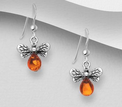 925 Sterling Silver Oxidized Bee Hook Earrings, Decorated with Baltic Amber