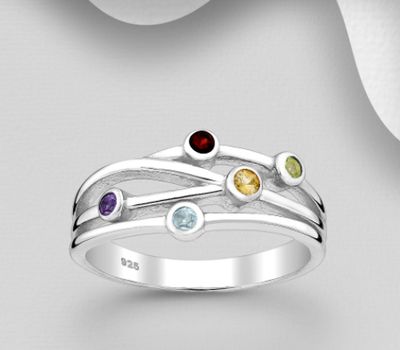 La Preciada - 925 Sterling Silver Ring, Decorated with Amethyst, Citrine, Garnet, Peridot and Sky-Blue Topaz