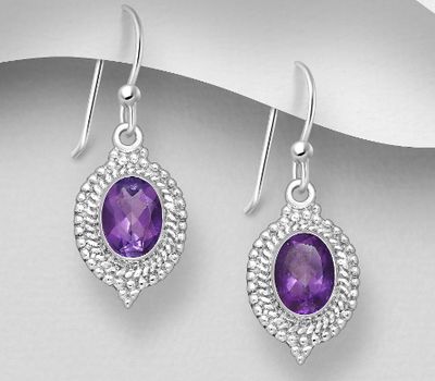 925 Sterling Silver Textured Hook Earrings, Decorated with Gemstones