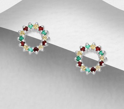 La Preciada 925 Sterling Silver Circle Push-Back Earrings, Decorated with Emerald, Citrine and Garnet