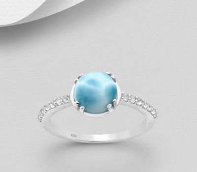 La Preciada - 925 Sterling Silver Ring, Decorated with CZ Simulated Diamonds and Larimar