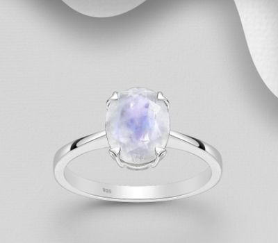 La Preciada - 925 Sterling Silver Solitaire Ring, Decorated with Rainbow Moonstone