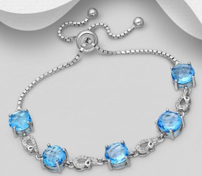 La Preciada - 925 Sterling Silver Adjustable Bracelet, Decorated with Swiss Blue Topaz and CZ Simulated Diamond