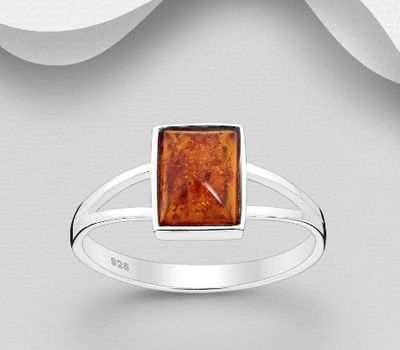 925 Sterling Silver Rectangle Ring, Decorated with Baltic Amber