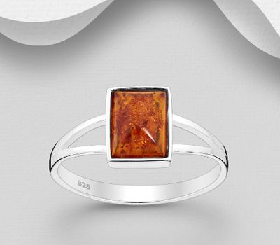 Şəkli böyütmək üçün tiklayın 925 Sterling Silver Rectangle Ring, Decorated with Baltic Amber