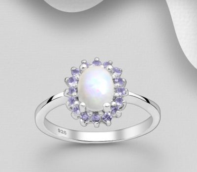 La Preciada - 925 Sterling Silver Halo Ring, Decorated with Tanzanites and Opal