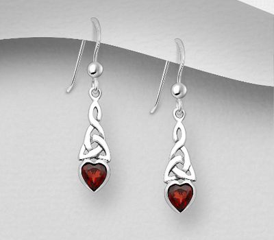 925 Sterling Silver Celtic and Heart Hook Earrings, Decorated with Garnet